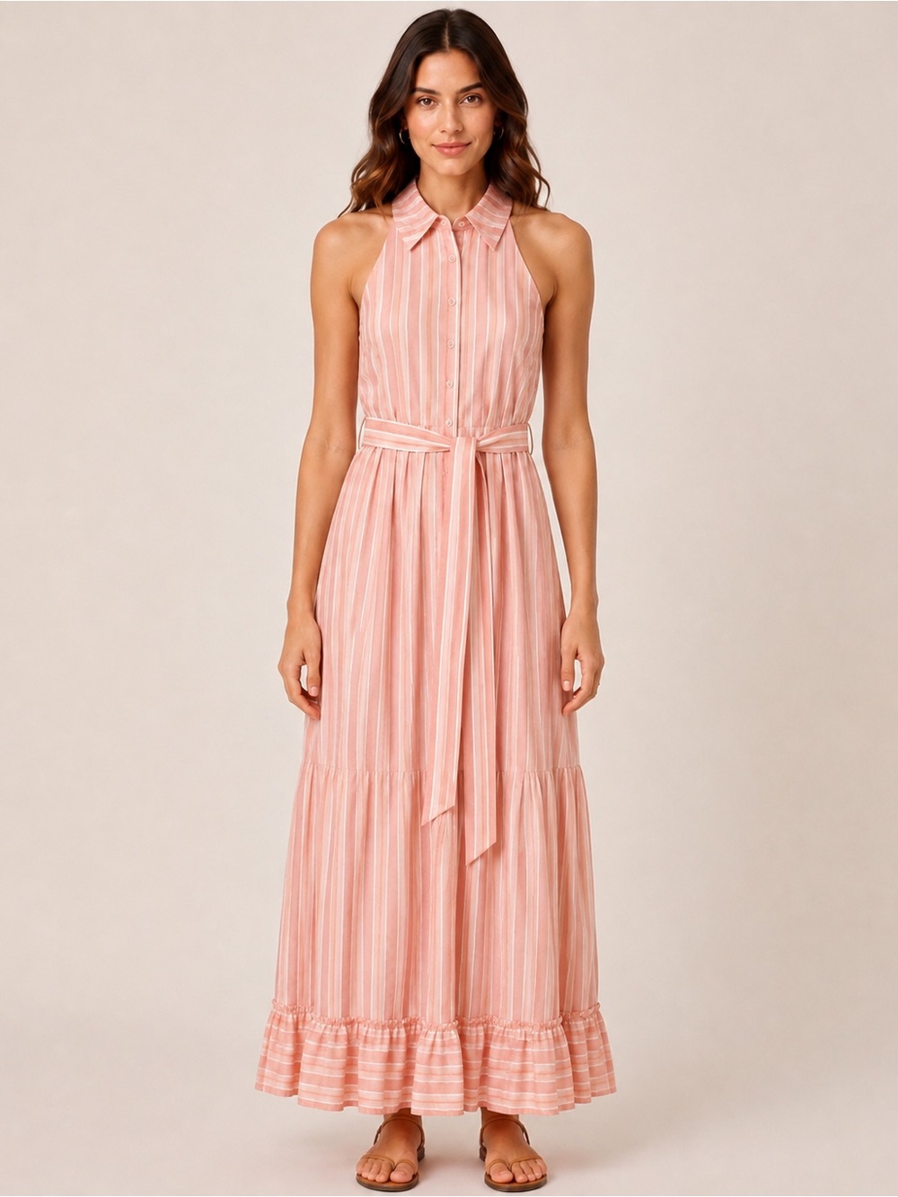 Evi Grintela Pink White Striped Sleeveless Maxi Shirt Dress Belted Ruffle Hem XL